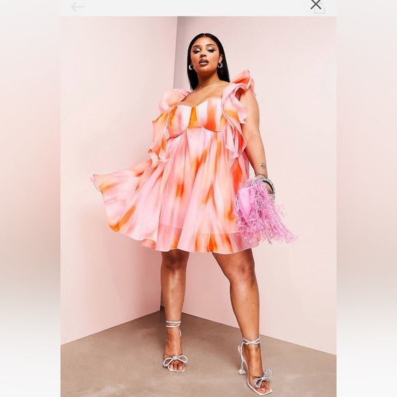 ASOS LUXE Curve ruffle shoulder cupped babydoll mini dress in pink print - Picture 1 of 16